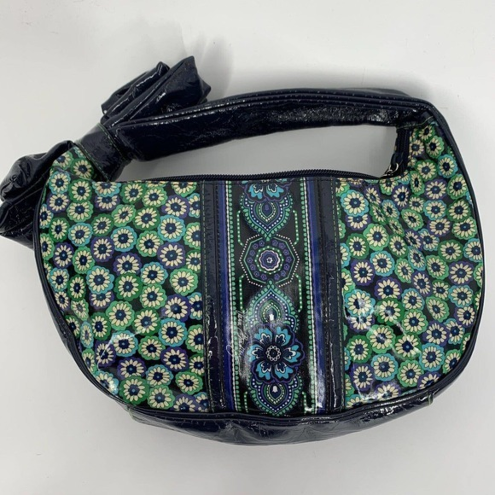 Vera Bradley FRILL Blue Green Floral Coated Vinyl Bow Handle Hobo‎ Handbag